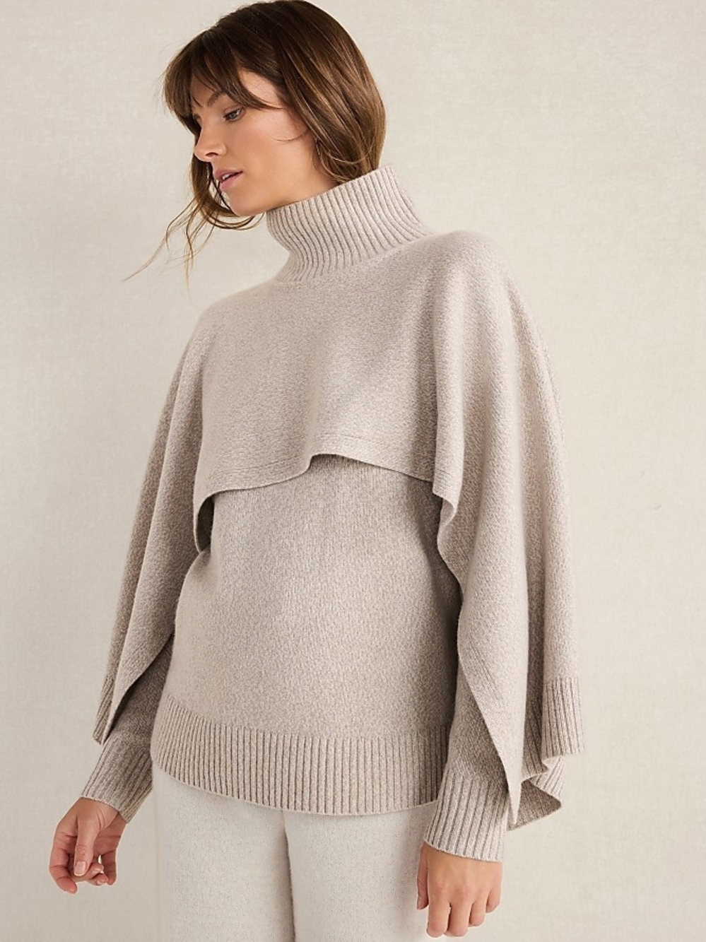 Turtleneck Layered Cape Sweater - Taupe